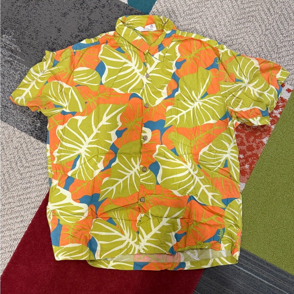 Manuhealii Orange and Green Casual Button Down Shirt Vibrant Tropical Print